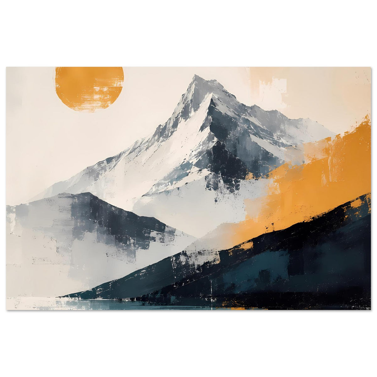 Vertikales Poster mit abstraktem Bergmotiv und warmem Ocker-Himmel, blau-graue Berge.
