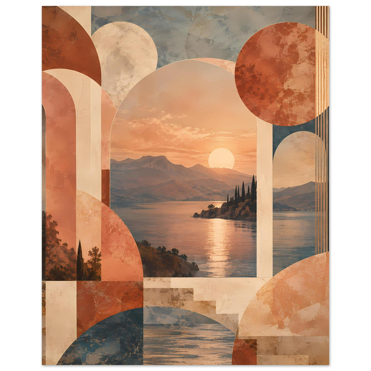 Abstraktes Poster mit Sonnenuntergang über See, geometrischen Kreisen und Bögen