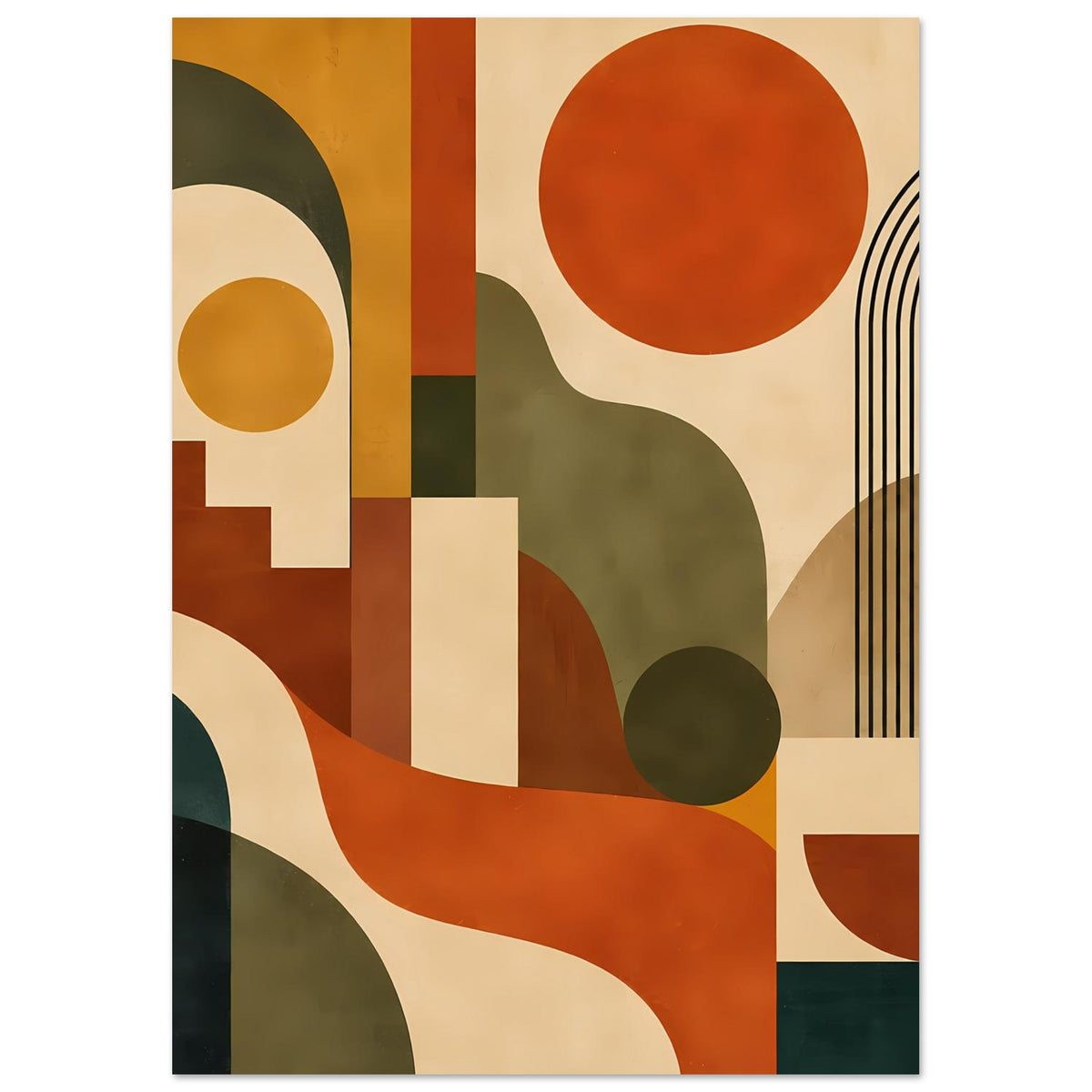 Abstraktes Poster: warmes Geometrie-Design mit Kreisen, geschwungenen Formen und Streifen