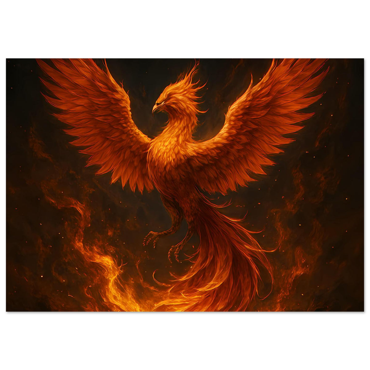 Breites Poster mit Phönix aus Feuer, ausladende Flügel und orange-goldene Glut