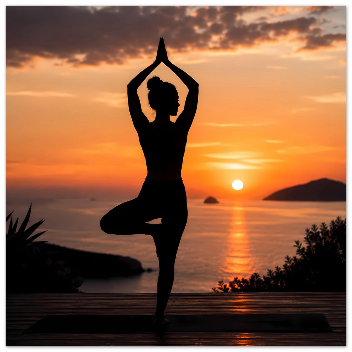 Yoga-Poster mit schwarzer Meditationssilhouette vor untergehender Sonne und Uferkulisse