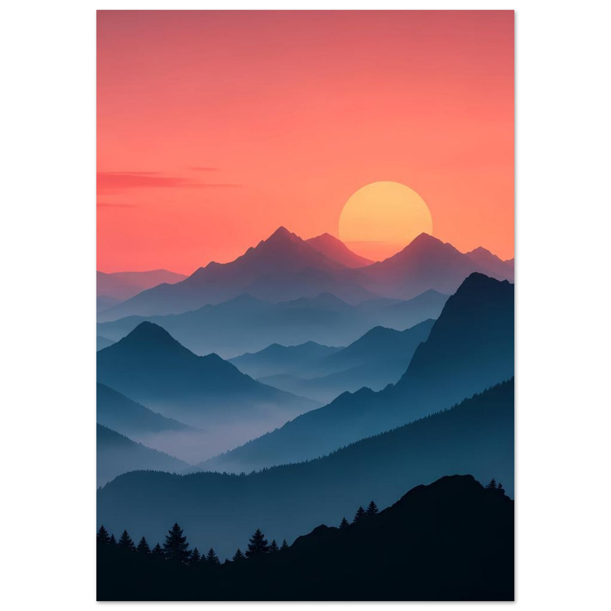 Landschaftsposter mit Sonnenuntergang in Pastellfarben, großer gelber Sonne und blauen Bergzügen