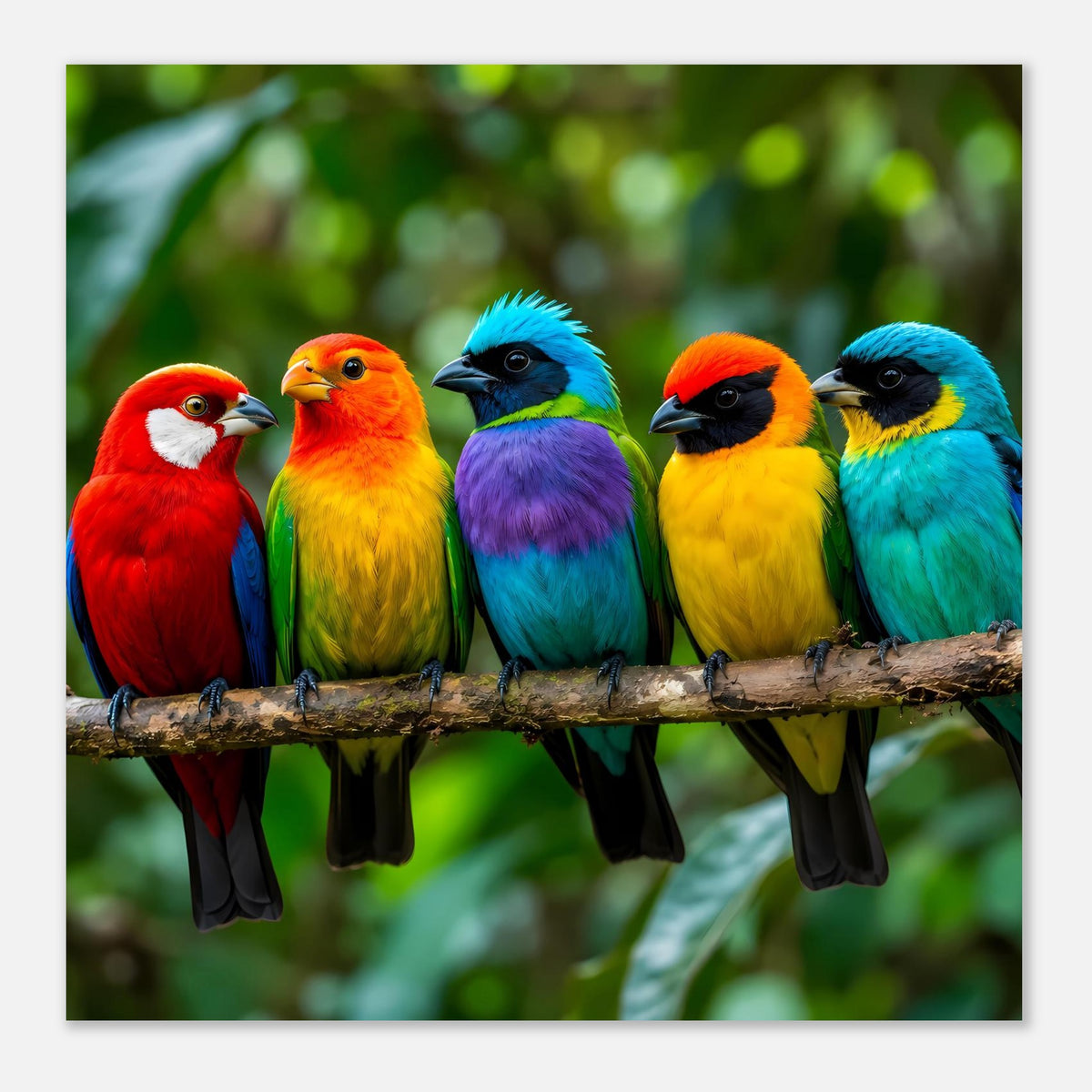 Poster mit bunten tropischen Vögeln auf einem Ast, fünf Vögel in Reihenanordnung