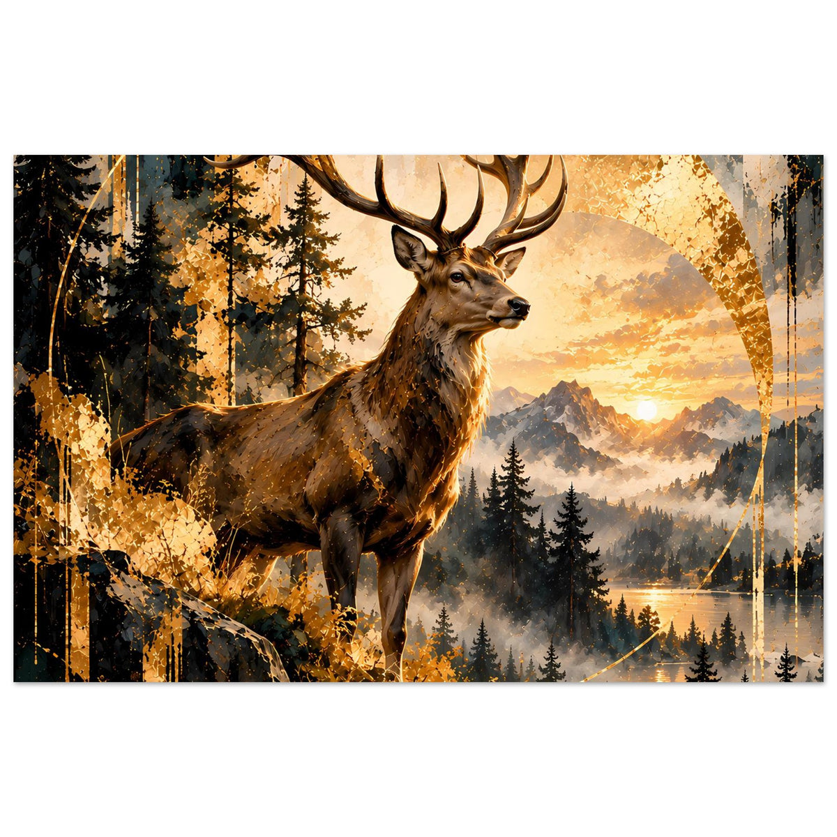 Poster mit Hirsch im Sonnenuntergang, goldene Waldlandschaft und Berge im Hintergrund