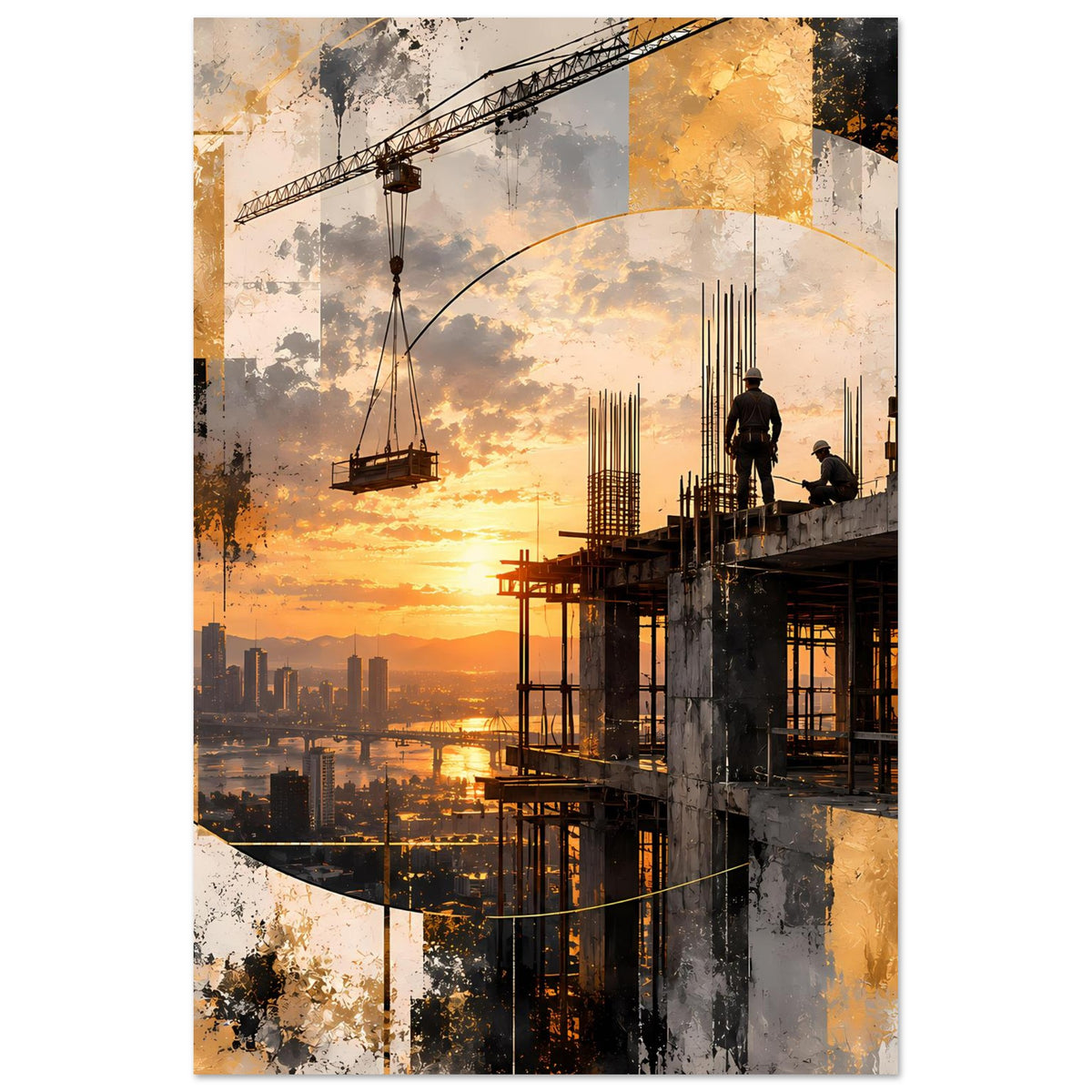 Vertikales Abstraktes Konstruktionsposter mit Sonnenuntergang, Kran und Arbeiter-Silhouette