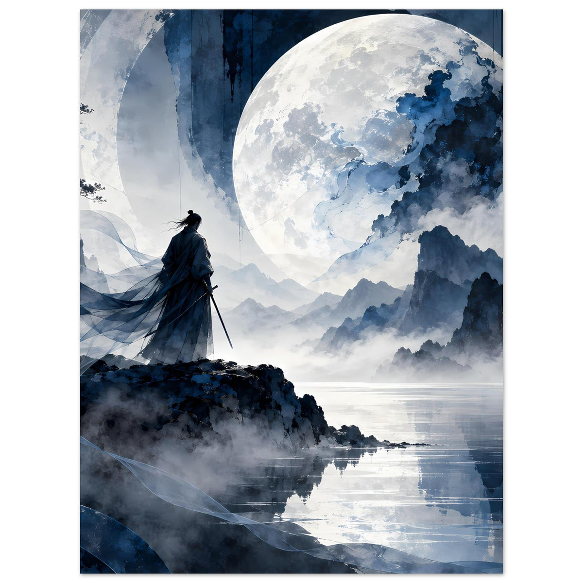Mattes Poster (hochkant) mit Samurai-Silhouette vor großem Mond, Berge und ruhige Wasserfläche.