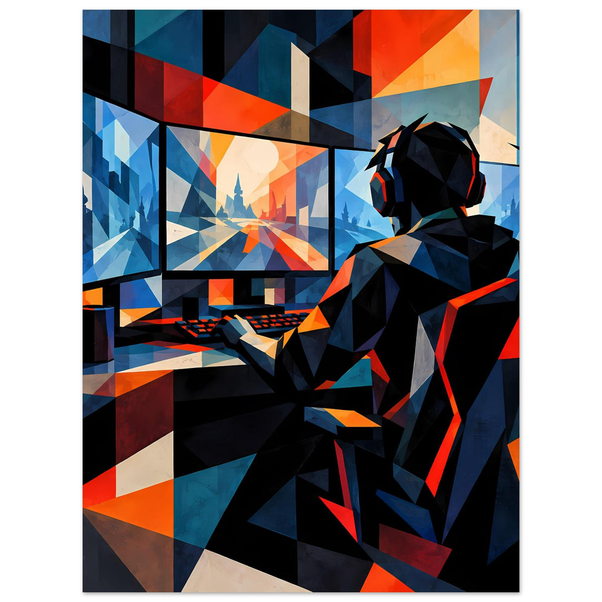 Gaming-Poster mit Headset-Spieler und Tastatur; abstrakte Kacheln in Blau, Orange, Schwarz.