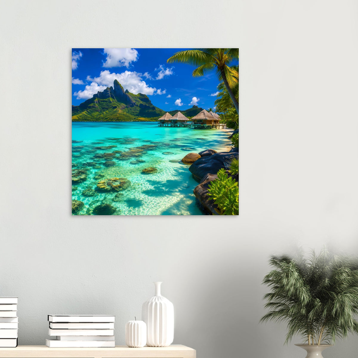 Quadratisches Beach-Poster mit tropischem Strand, türkisfarbenem Wasser und Palmen