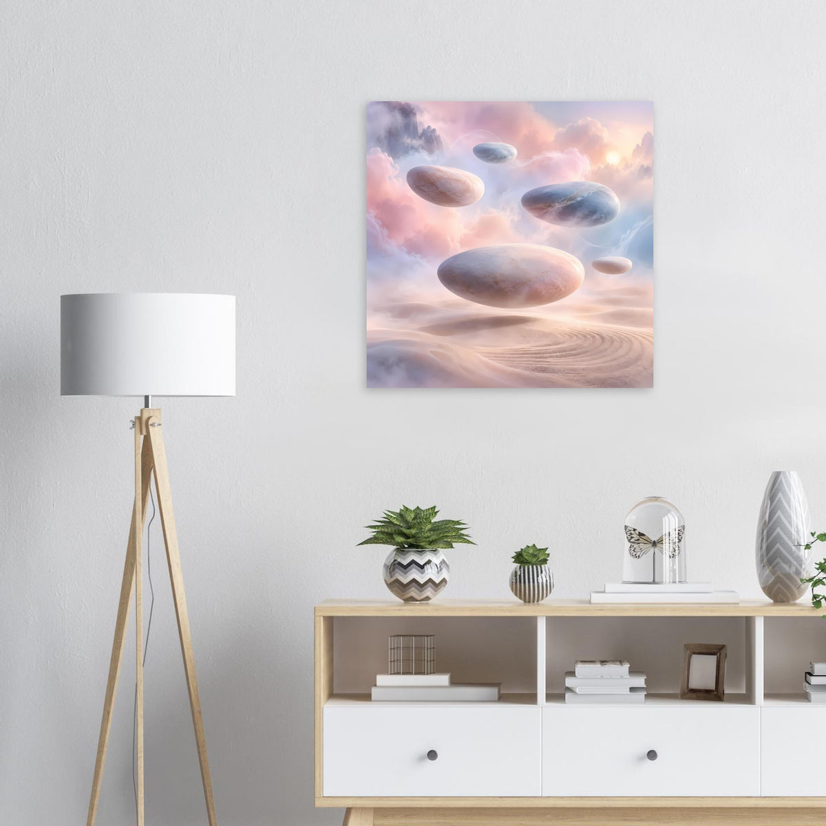 Surreales Pastellposter mit schwebenden Felsen und rosa Wüstendünen