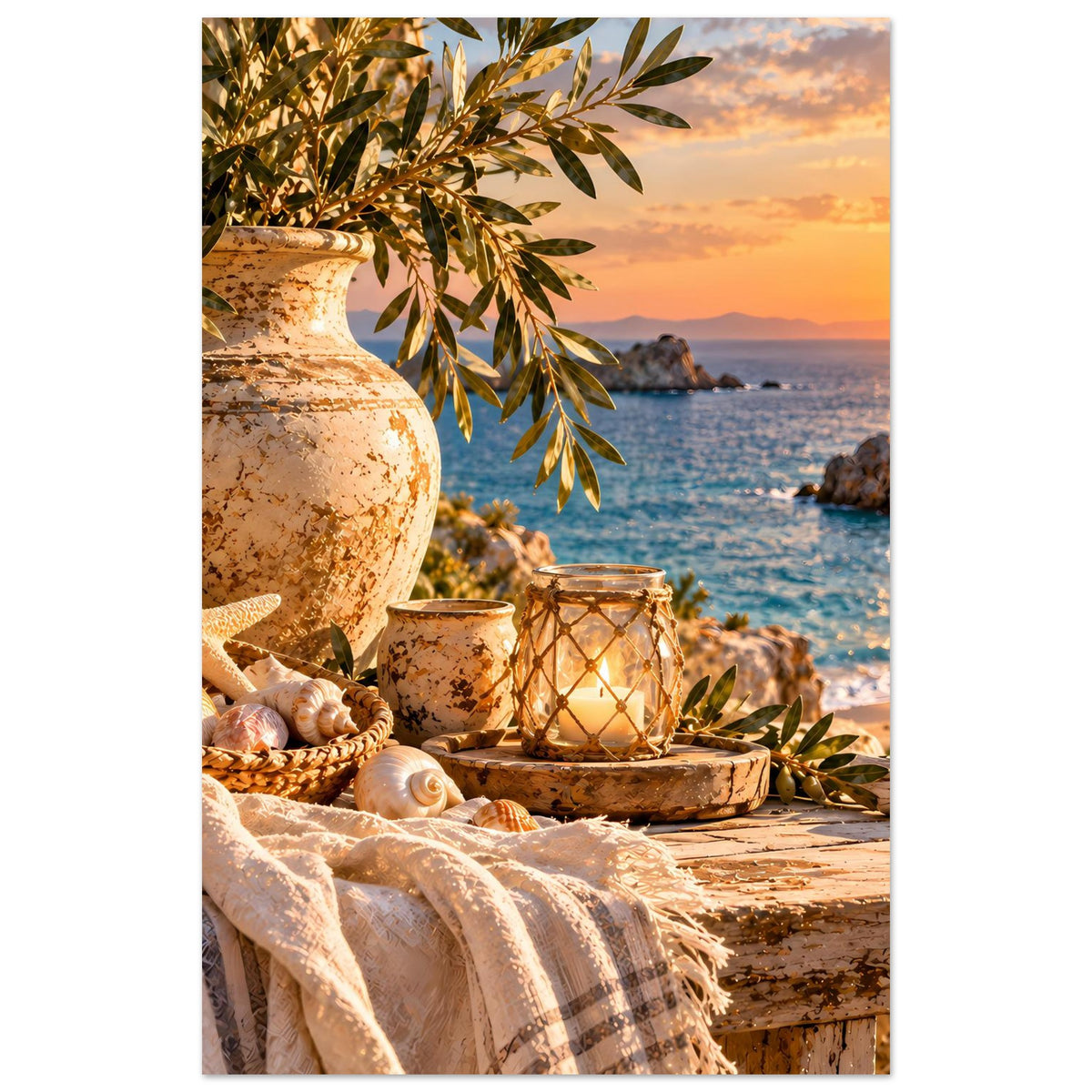 Mediterranes Küstenstillleben mit Windlichtern, Olivenzweigen, Keramik und Muscheln