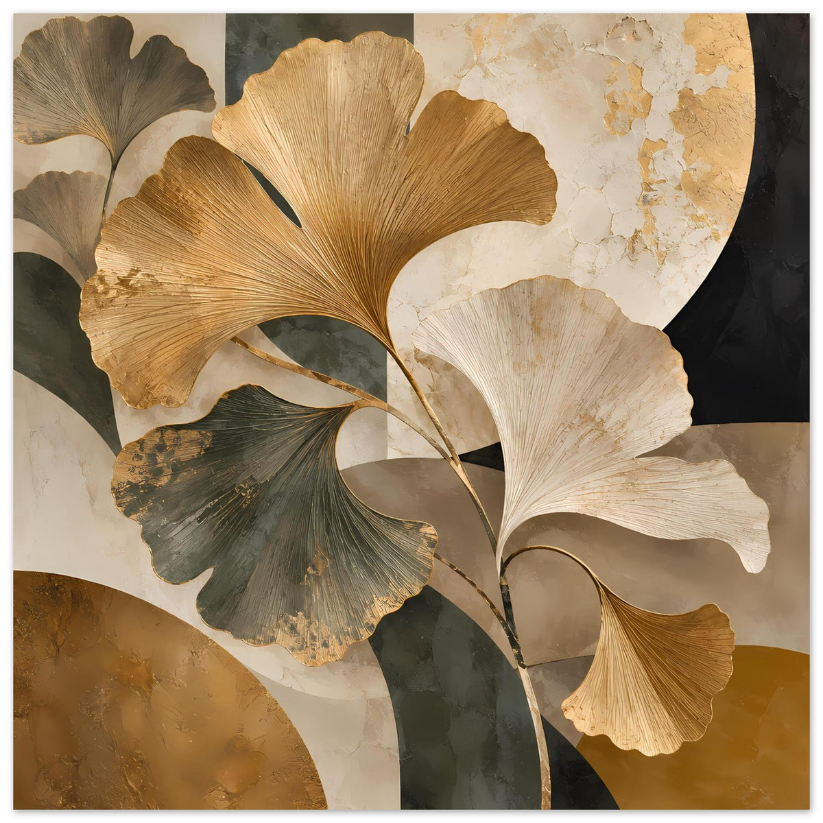 Botanisches Poster mit goldenen Ginkgo-Blättern, beige und dunkelgrünem Blattakzent