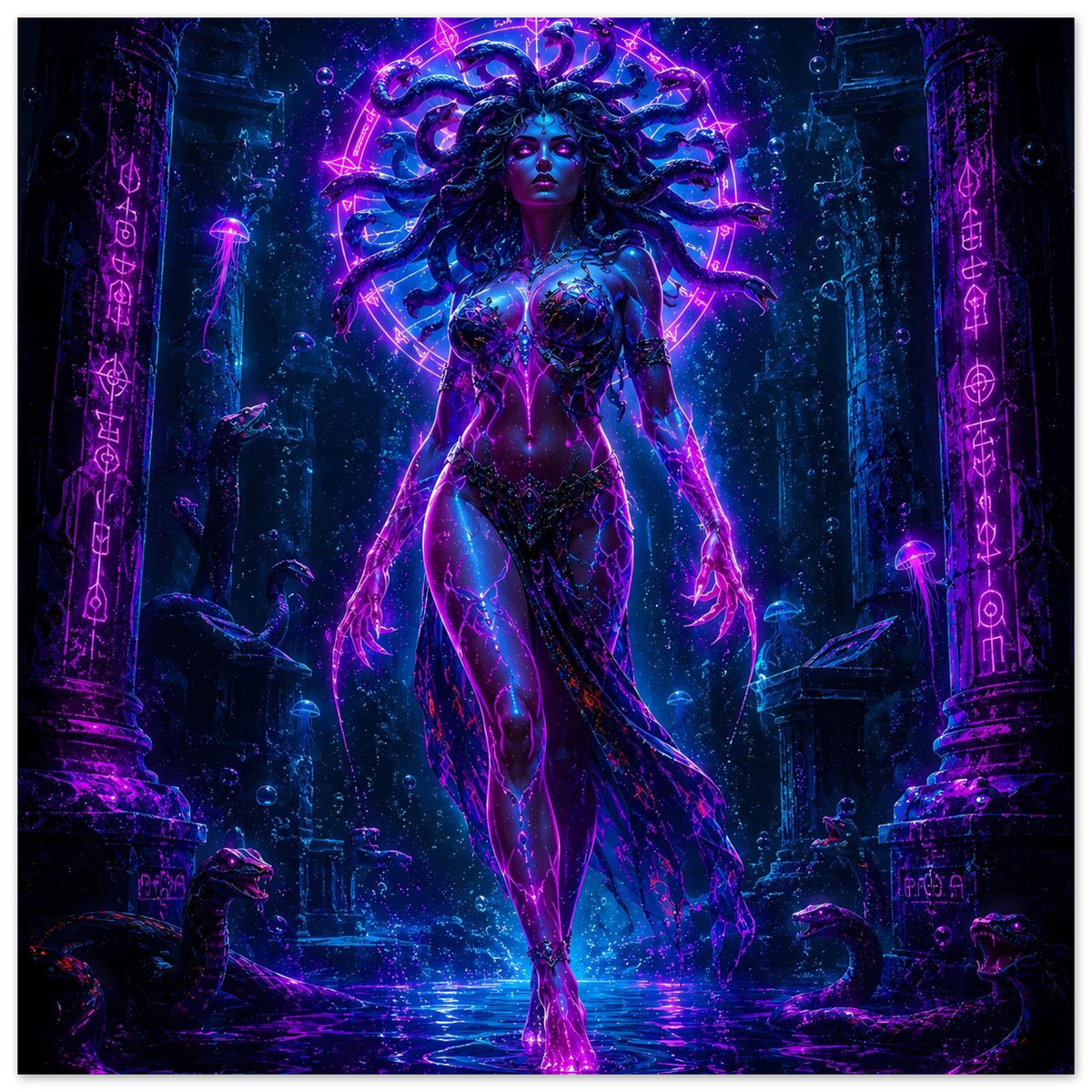 Poster mit ganzer Medusa in blau-magenta Neon, leuchtender Ornamentkranz über der Stirn