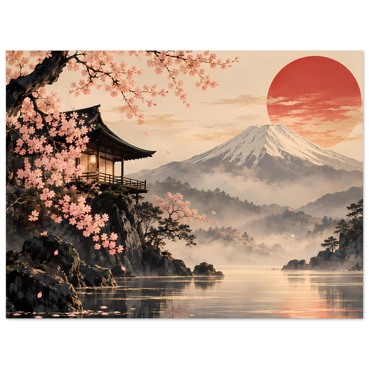 Wandposter im Querformat mit Kirschblüten, japanischem Pavillon, Mount-Fuji und roter Sonne