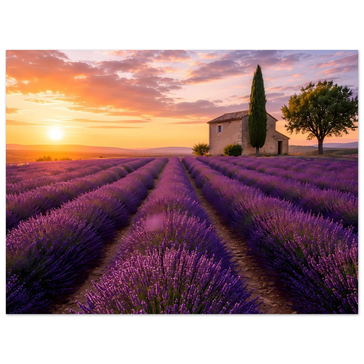 Landschaftsposter mit Lavendelfeldern, Mittelweg und Hofhaus bei Sonnenuntergang, horizontal