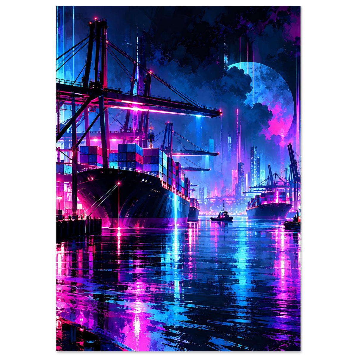Hochformat-Poster Neon-Hafen-Nachtlandschaft mit Werftkränen, Brücke und bunten Wasserreflexen