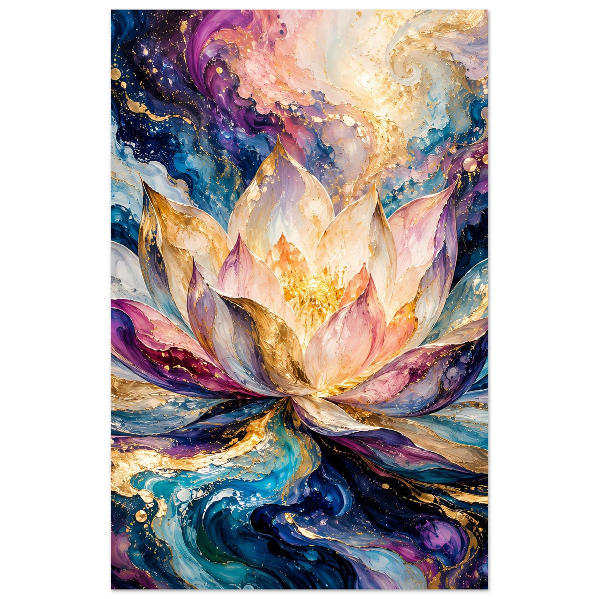 Blumenposter im Hochformat mit schimmernder Lotusblüte in Pastellrosa, Blau, Violett