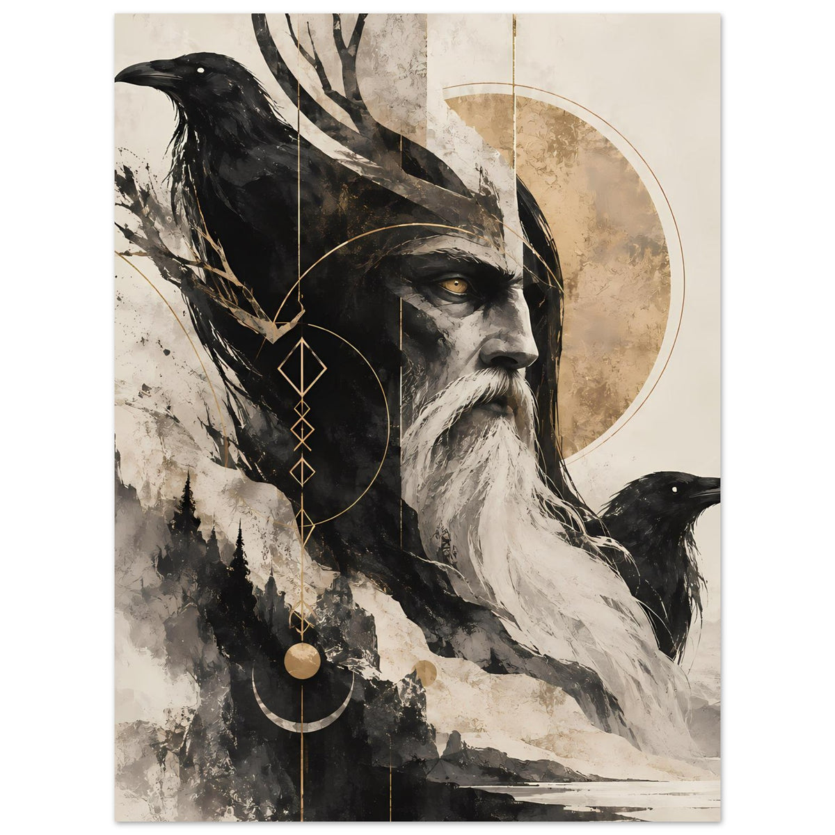 Kunstposter: nordischer Weiser und Rabe, monochrome Farbfläche mit Halbmond