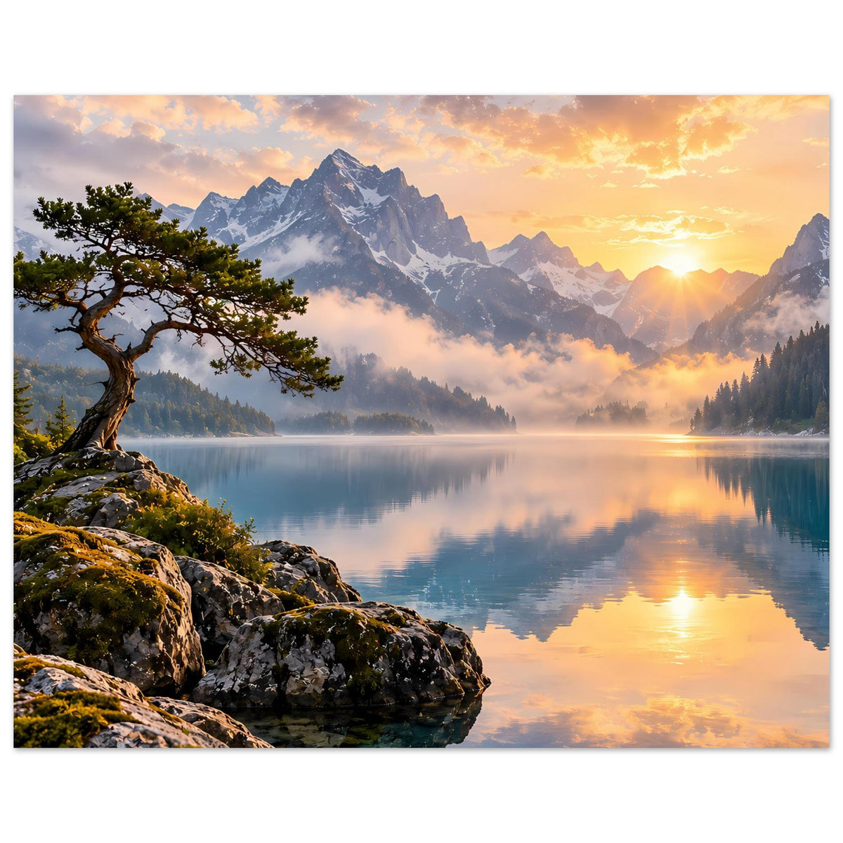Querformat-Wandposter mit Bergpanorama bei Sonnenaufgang, ruhiger Wasserfläche und Baum am Fels