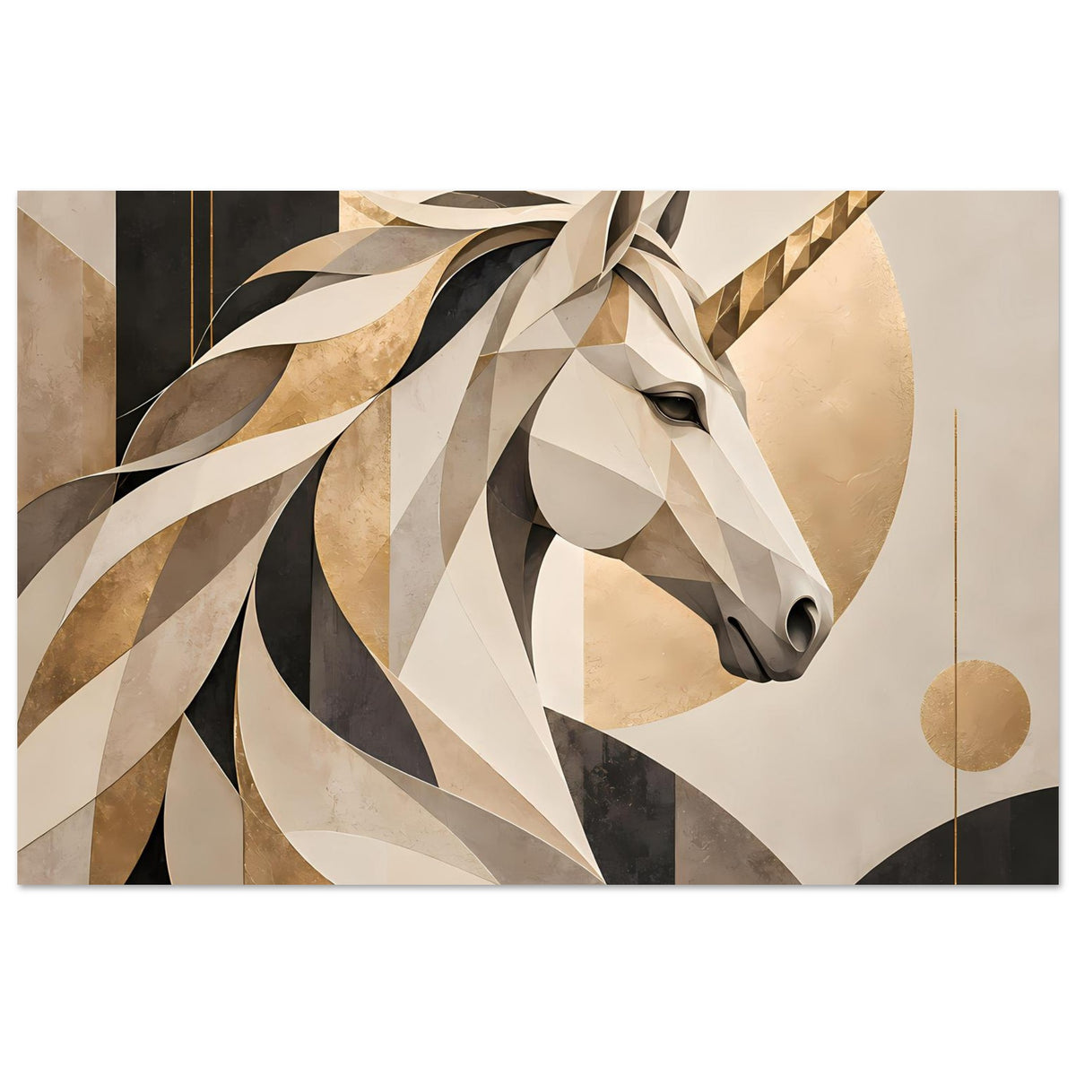 Horizontales Poster: geometrisches Einhorn-Porträt, beige, schwarz und hellgrau