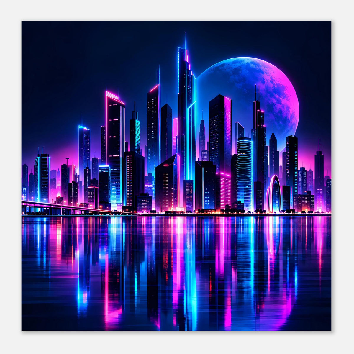 Neon-Stadtposter im Querformat mit zentraler Skyline und bunten Wasserreflexen in Blau und Pink