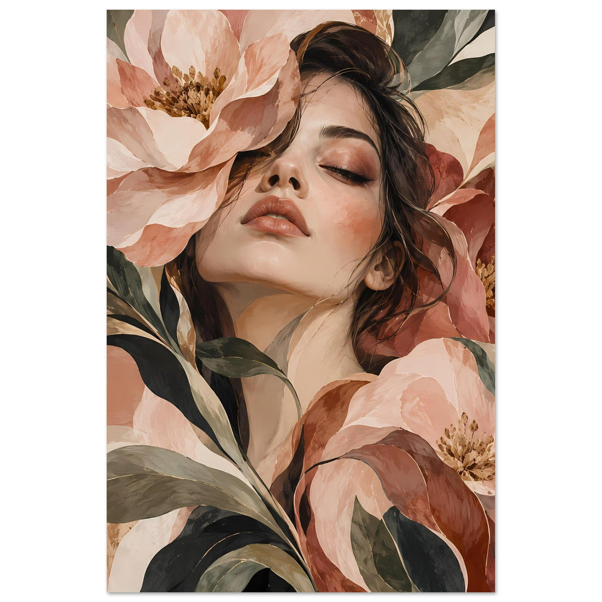 Blumenposter im Hochformat: Frauenporträt mit Blüten und Blättern in warmen Tönen