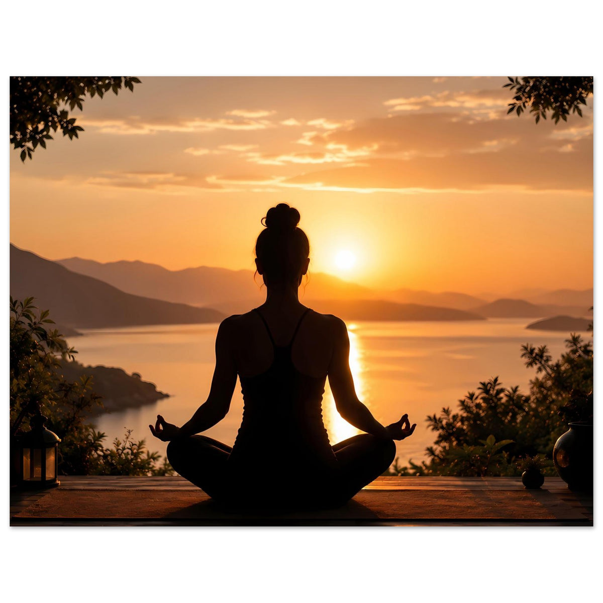 Meditationsposter im Querformat mit meditierender Figur und ruhiger See im Hintergrund