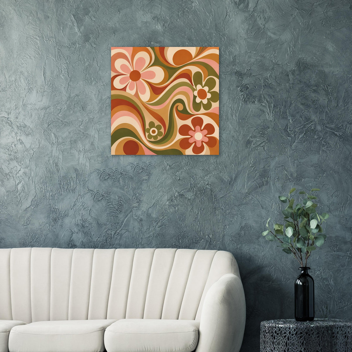Quadratisches Florales Poster mit runden Blüten und S-Linien, Olivgrün und Orange