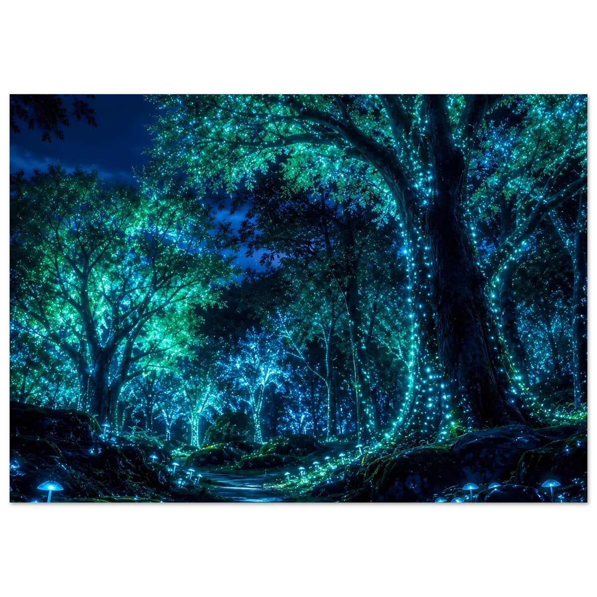 Horizontales Poster: leuchtender Wald mit blaugrünen Lichtpunkten, Baumkrone und Pfad