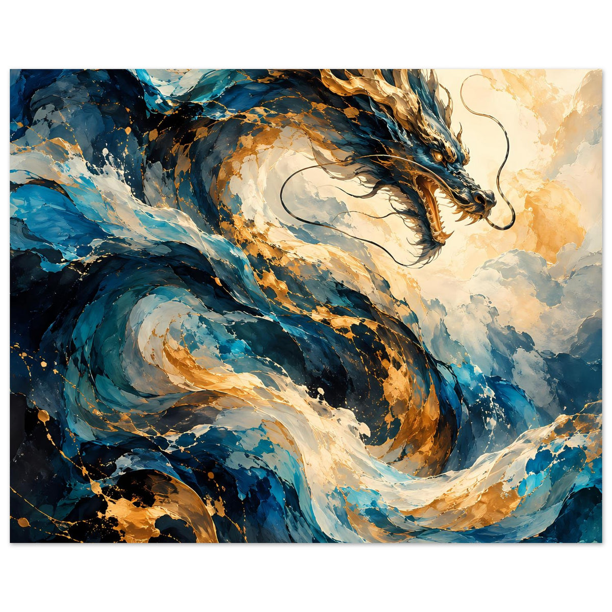 Drachen-Fantasyposter: Detailansicht vom blau-goldenen Drachen und wirbelnden Strömungen