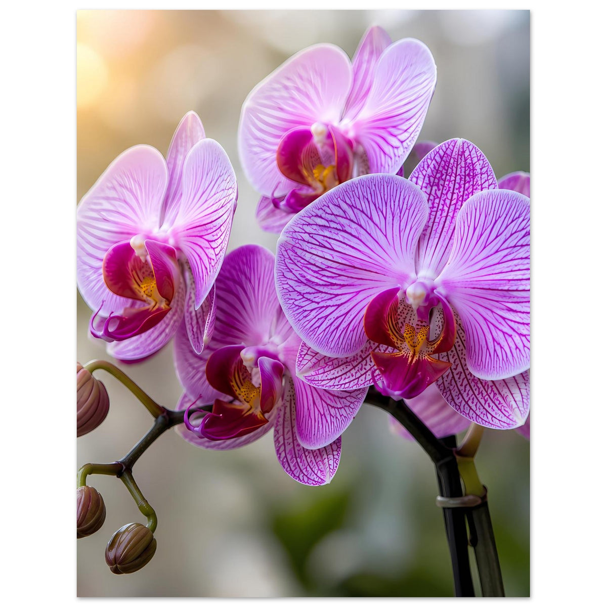 Poster mit violetten Orchideenblüten und mehreren Knospen links