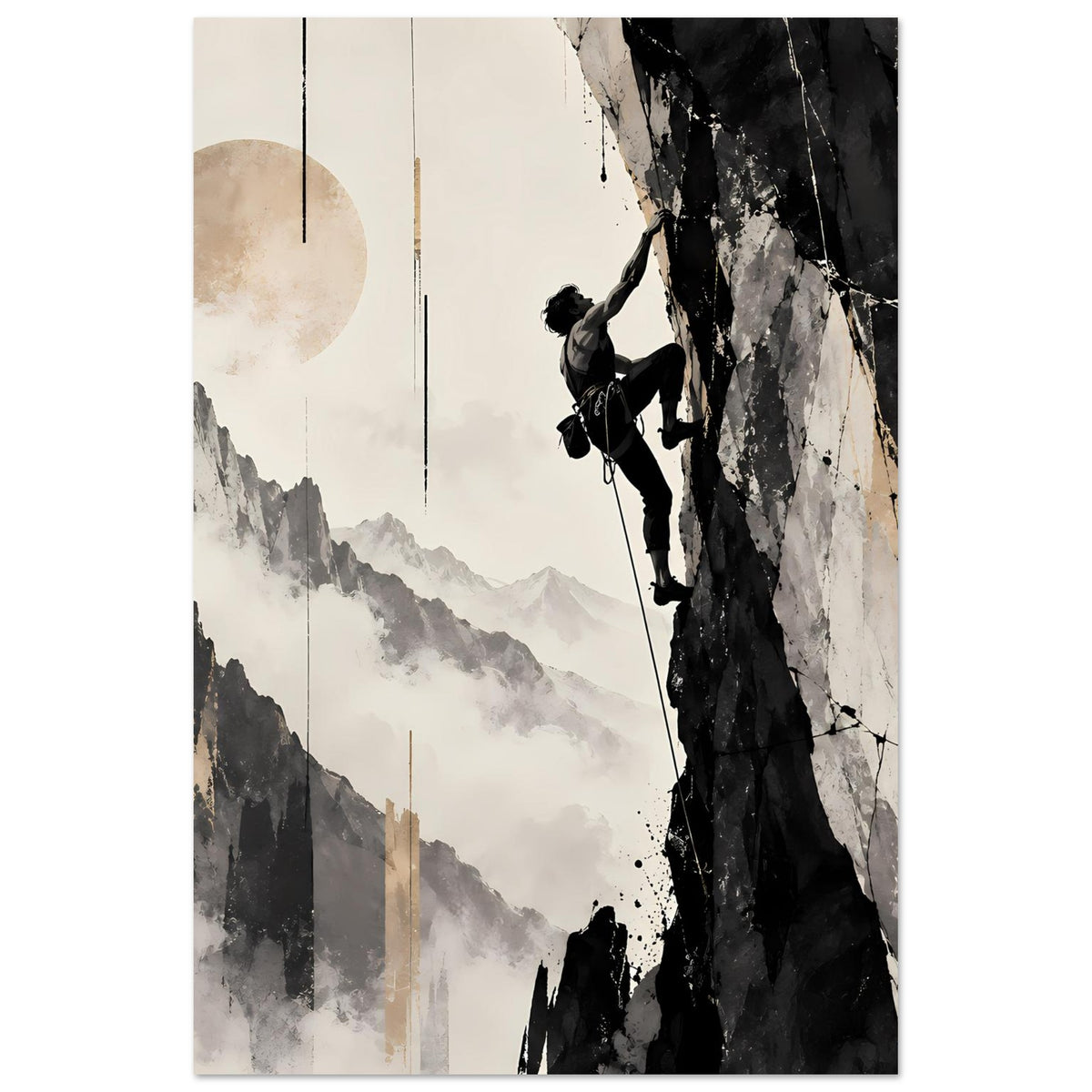 Kunstdruck im Hochformat: Bergkletterer an Felswand, Berge und helle Mondform, Schwarz-Grau-Beige
