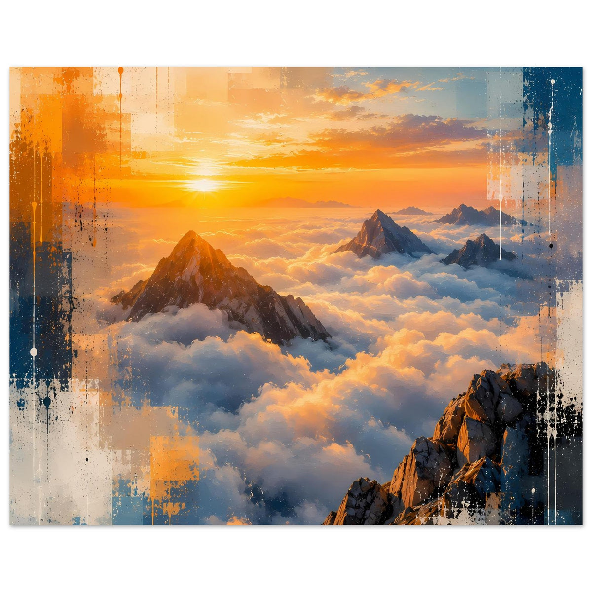 Querformat-Wandposter: orangefarbener Sonnenuntergang, Berge, Wolkenmeer, farbige Texturen