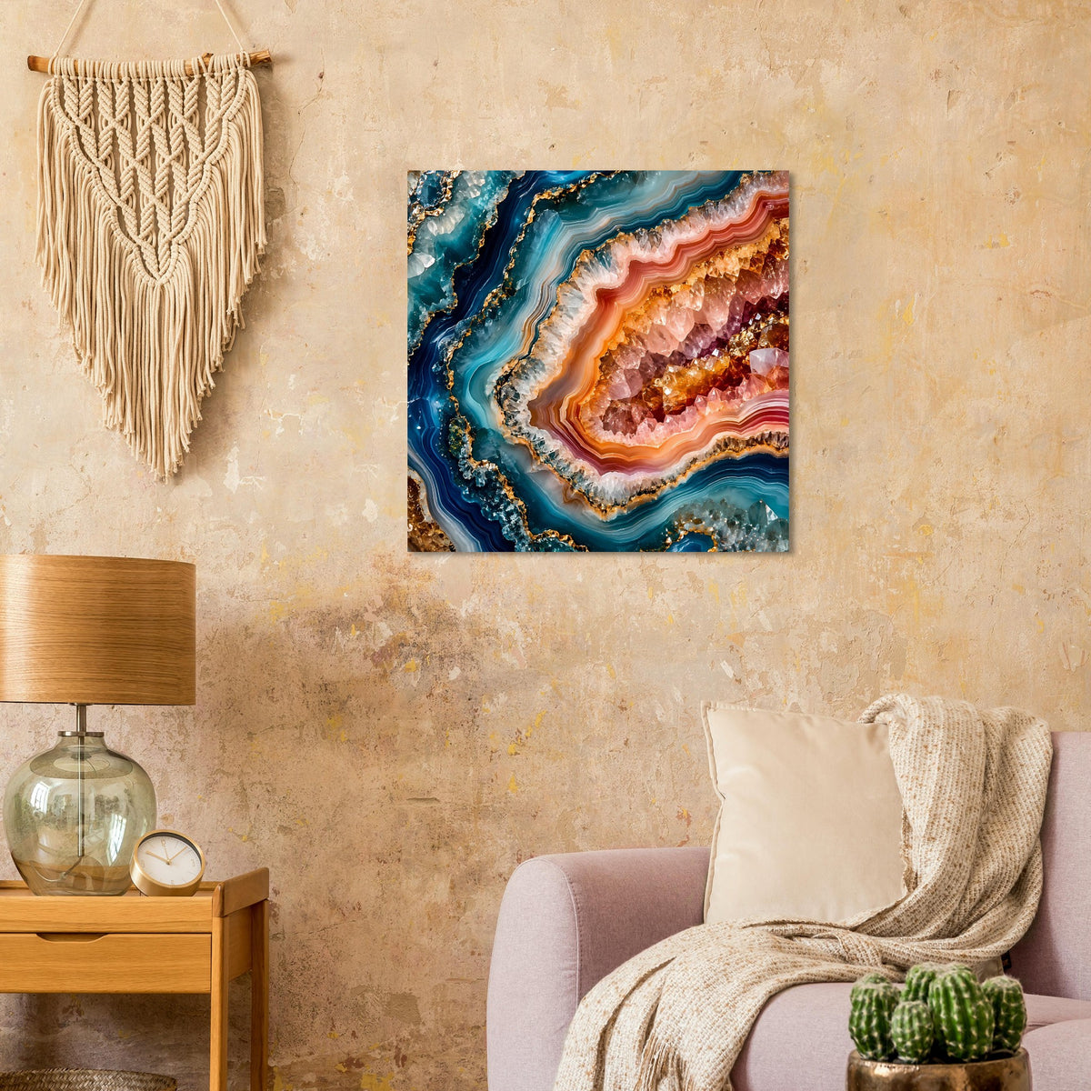 Geoden-Poster mit leuchtenden Schichten und goldenen Akzenten in Blau und Orange