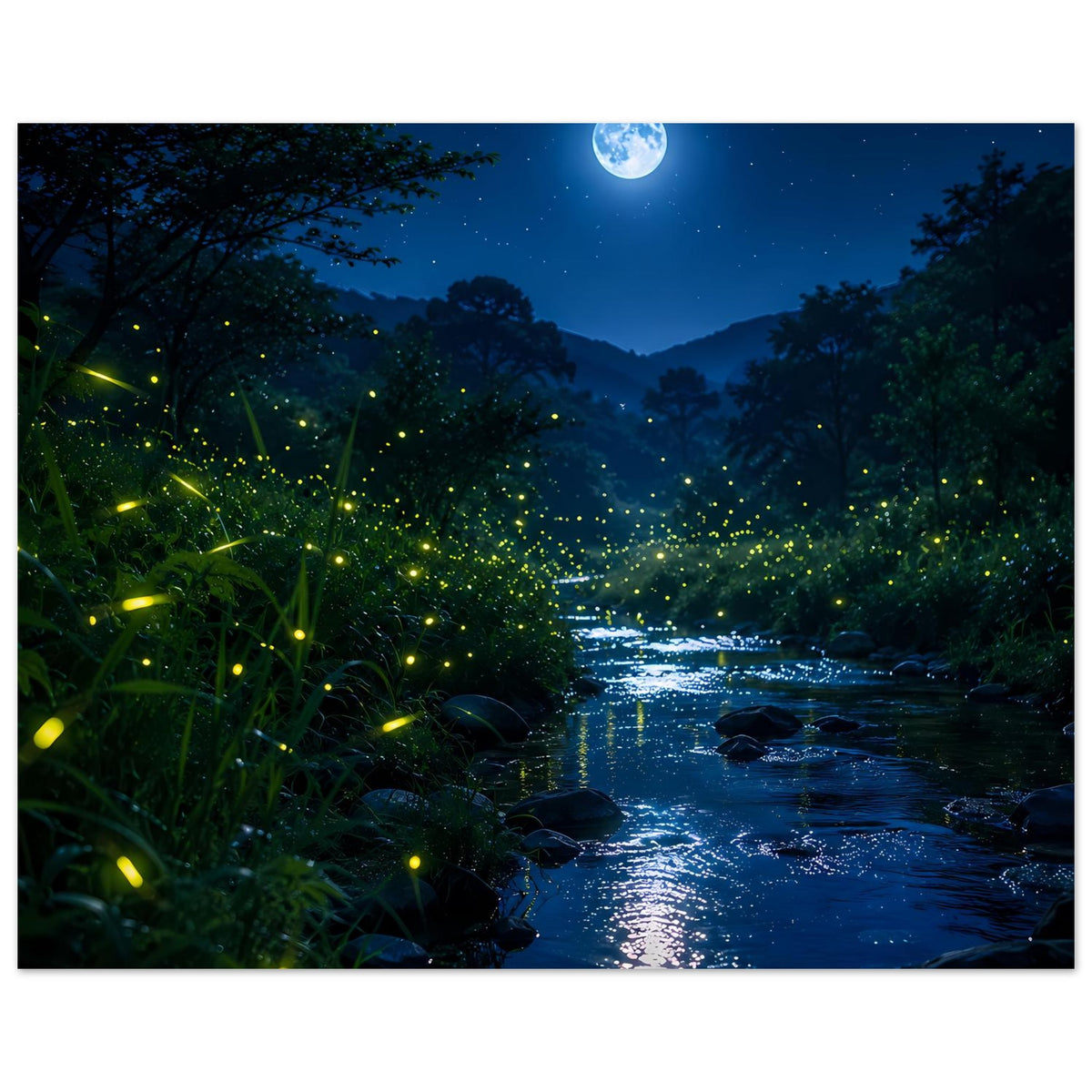 Querformat-Wandposter mit leuchtenden Glühwürmchen, Mondlicht auf dem Fluss und Steinen