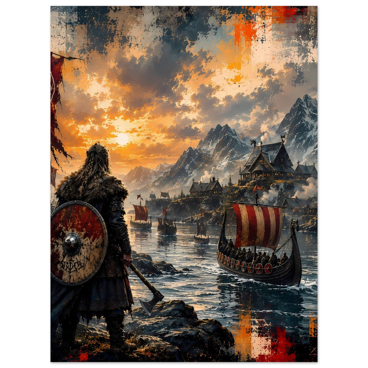 Wikinger-Saga-Poster mit Krieger im Fellumhang, rotem Schild und Langschiff im Sonnenuntergang