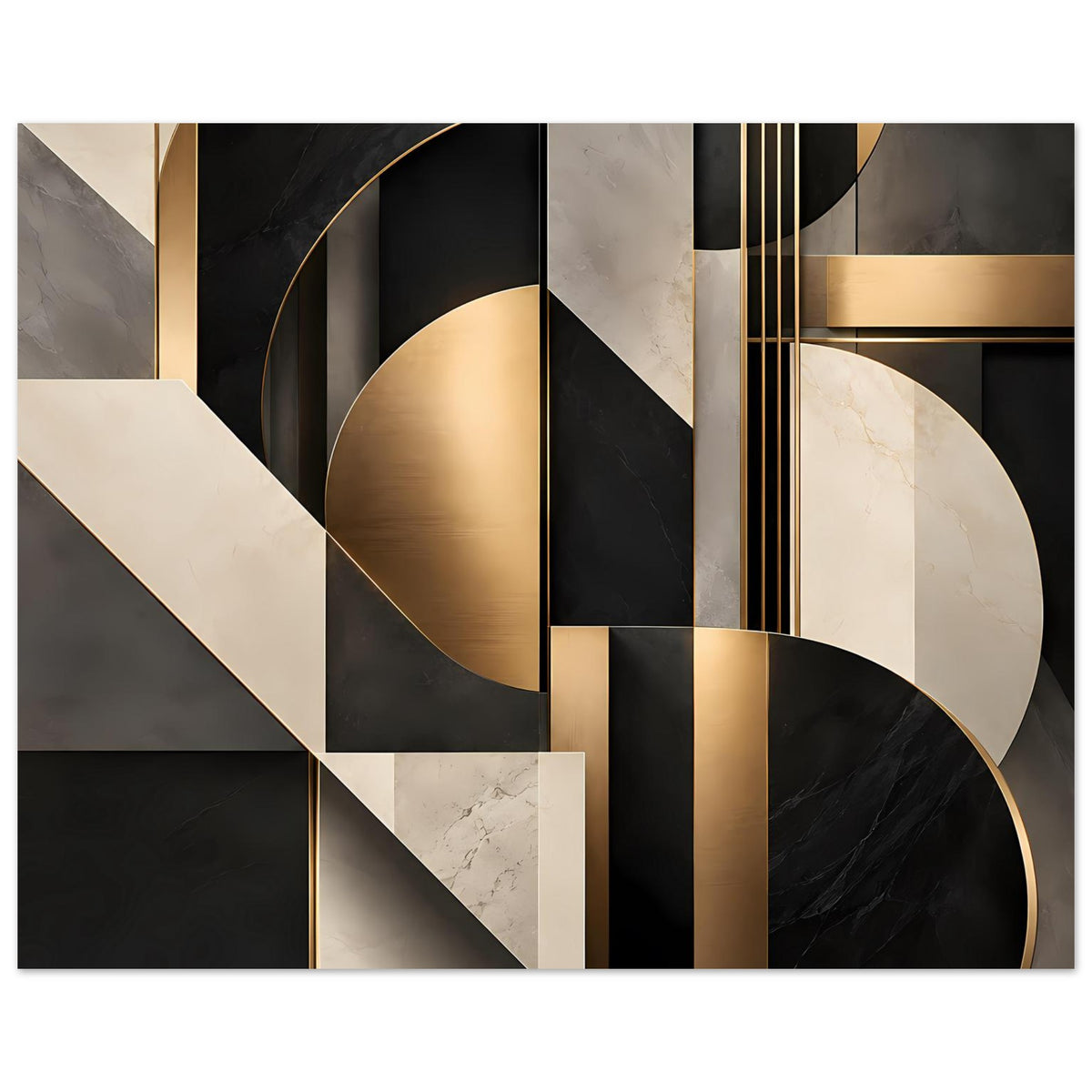 Geometrisches Gold-und-Marmor-Kunstposter mit geschwungenen Bögen, Streifen in Schwarz/Weiß/Gold.