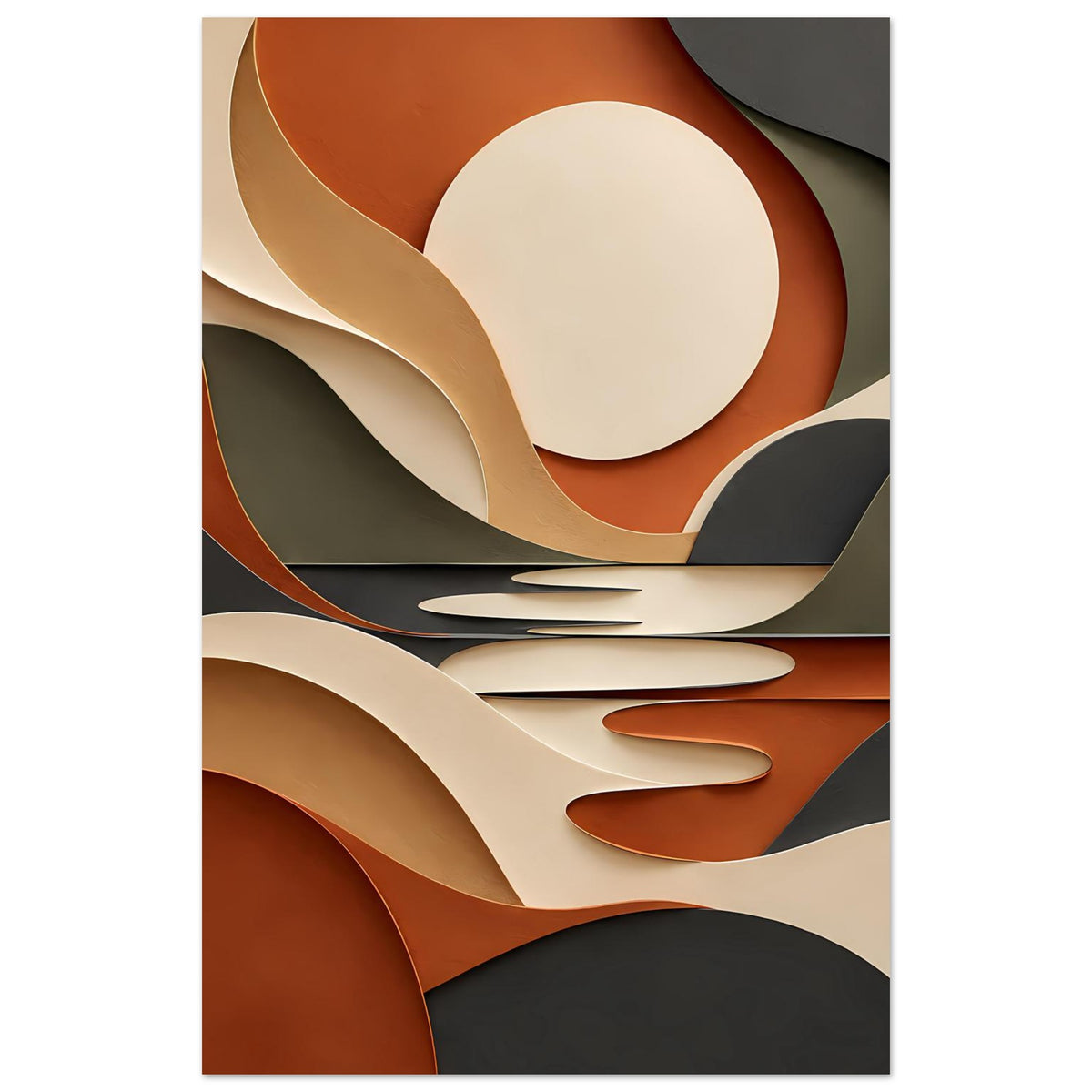 Kunstposter (Hochformat) mit abstrakten Kreisflächen und geschwungenen Bändern in Terrakotta, Creme