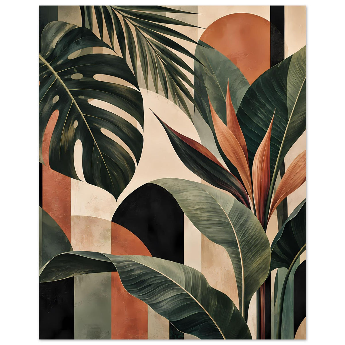 Botanisches Kunstposter mit üppigem Blattwerk in Dunkelgrün, Orange und warmem Beige.