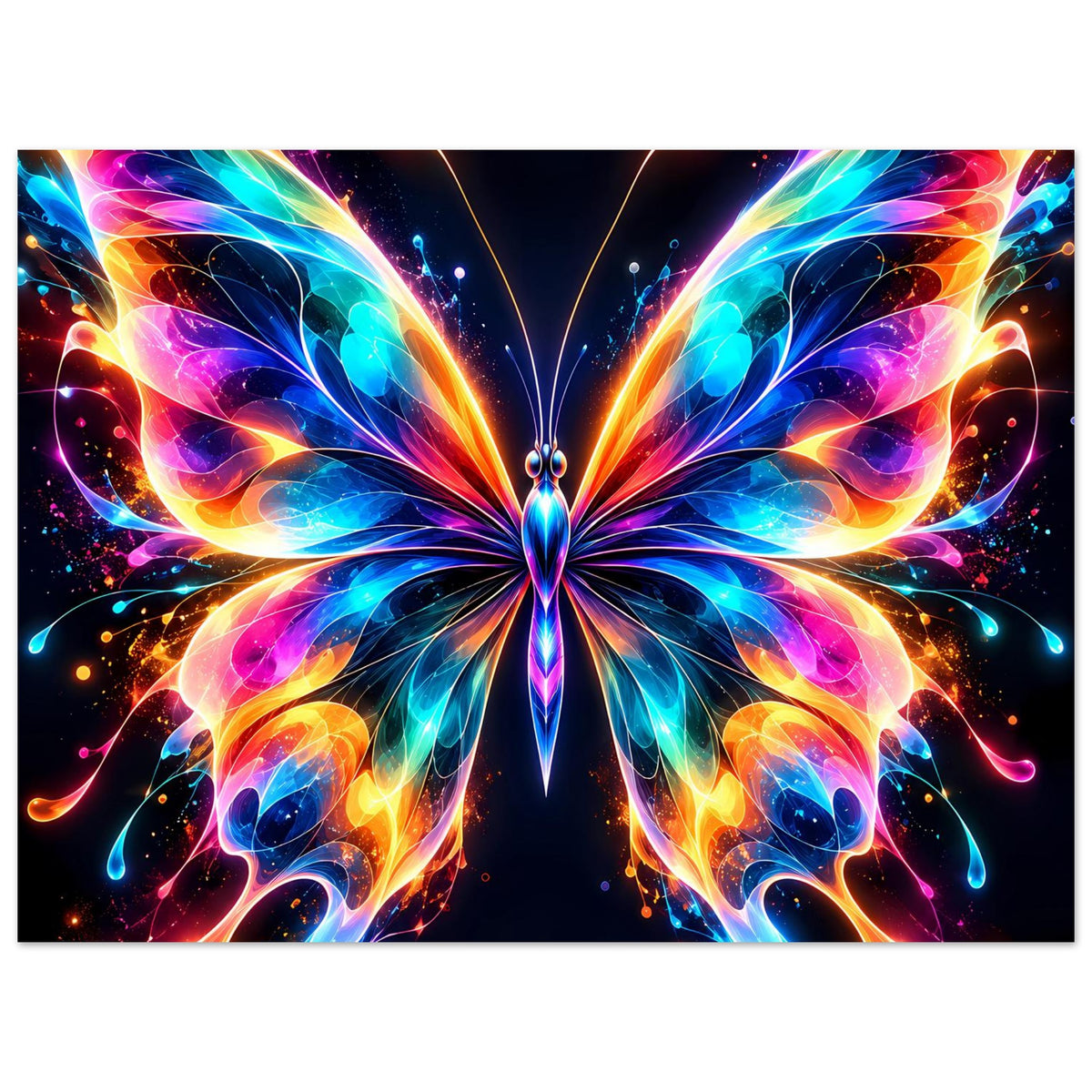 Neon-Schmetterlingsposter im Querformat, kontrastreicher Schmetterling mit funkelnden Farbpunkten.