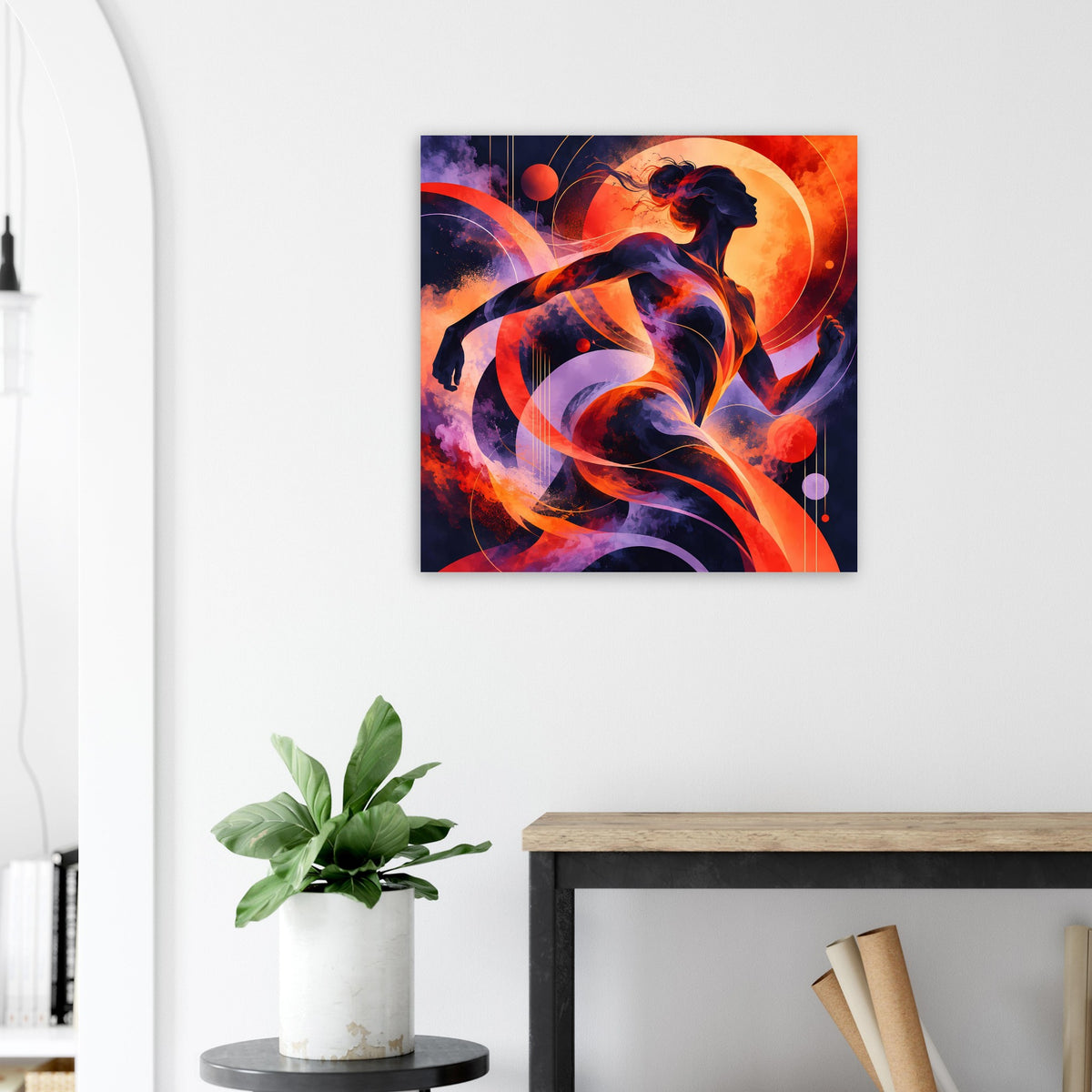 Quadratisches Poster mit Silhouette einer Läuferin, orange-gelbe Lichtbögen und Rauchschwaden