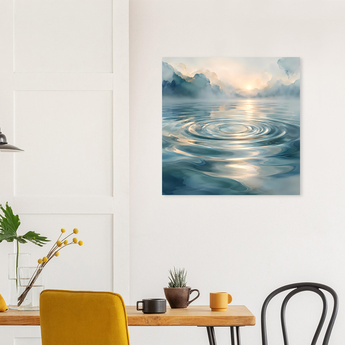 Quadratisches Poster mit Wasserwellen-Motiv in Blau, mit warmer Lichtreflexion