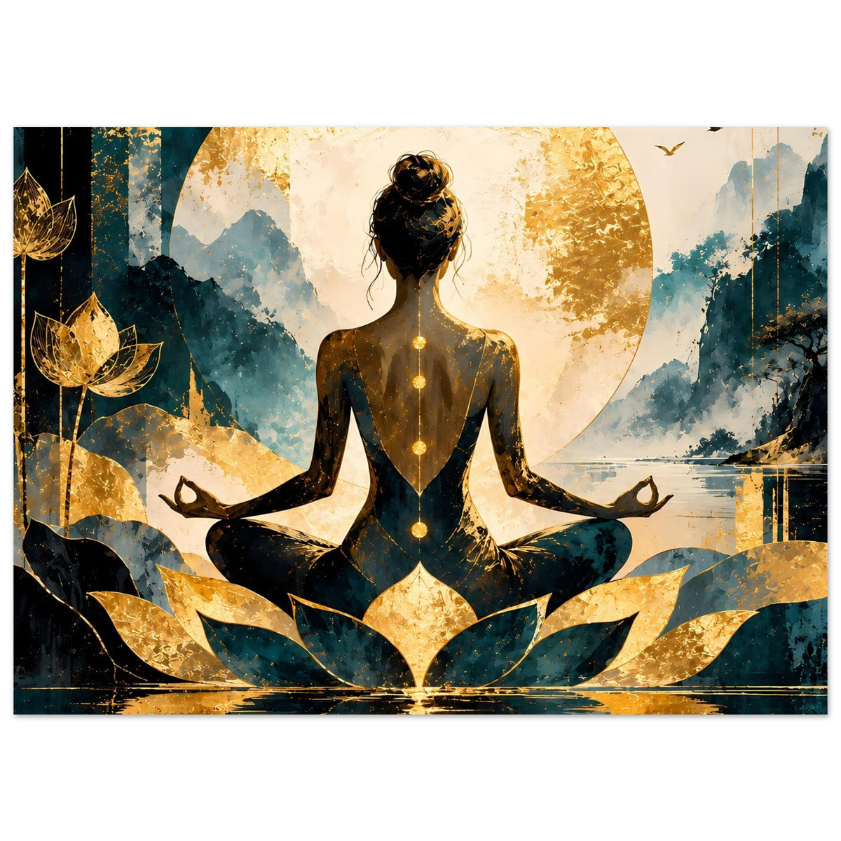 Meditatives Lotus-Poster im Hochformat, Nahsicht des Meditationsmotivs mit goldener Sonne