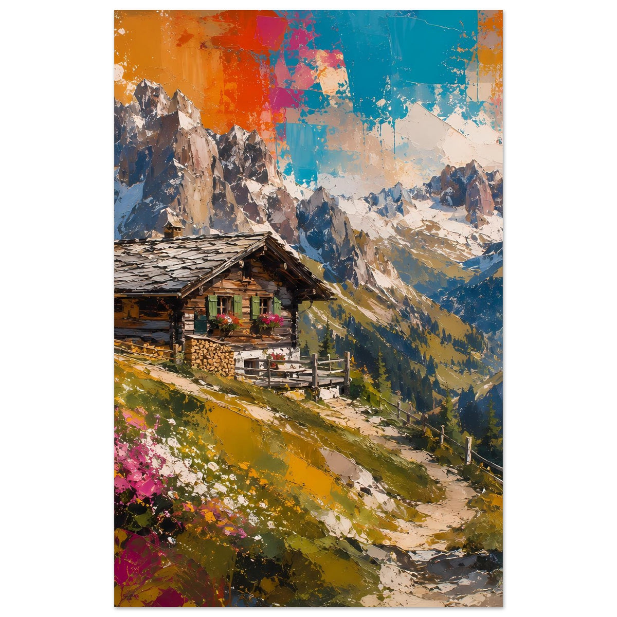 Poster im Hochformat: Alpenhütte vorn, Bergkette im Hintergrund, abstrakter Himmel