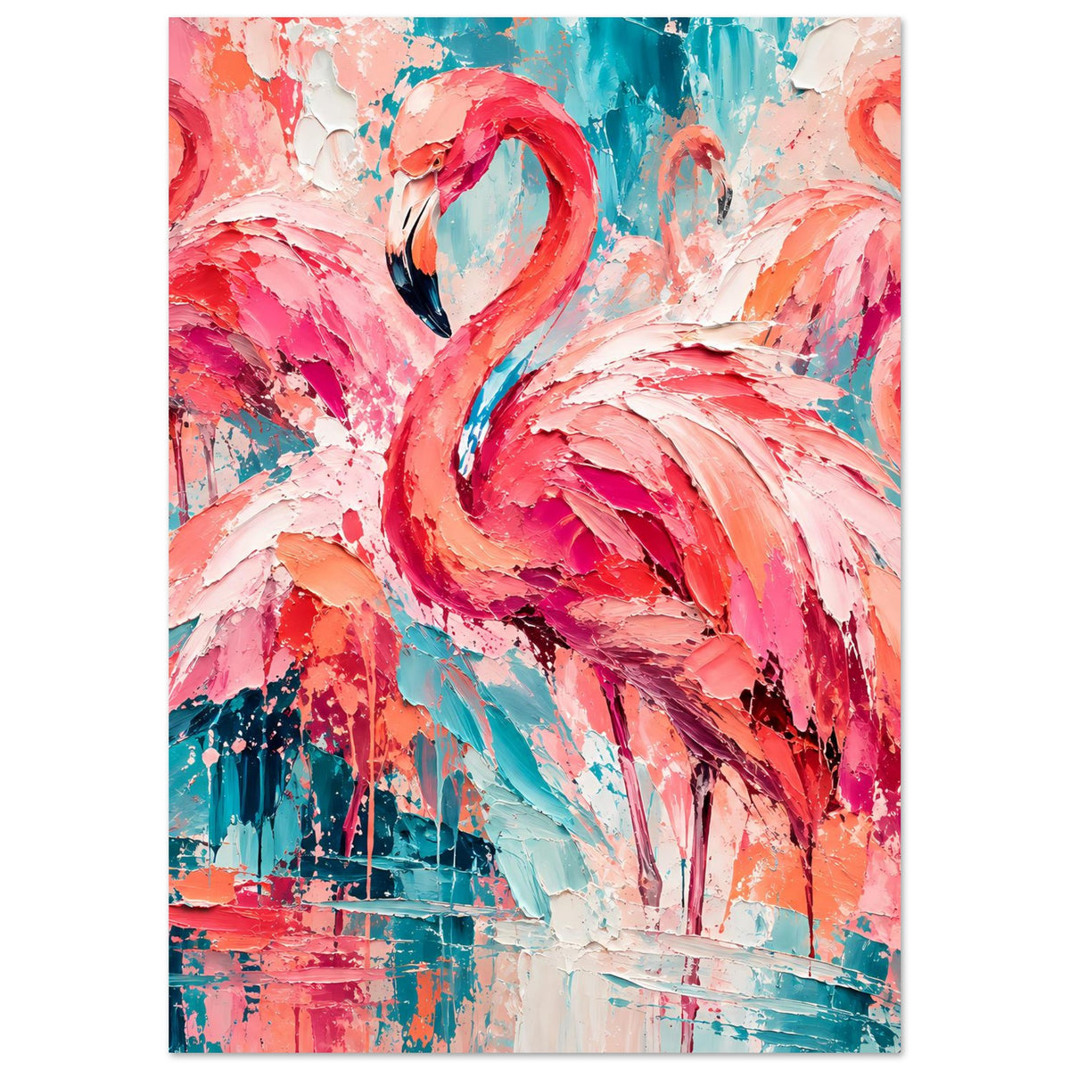 Flamingo-Poster im Hochformat mit großem Federflügel-Motiv, Pink- und Türkisfarben mit Spritzern.
