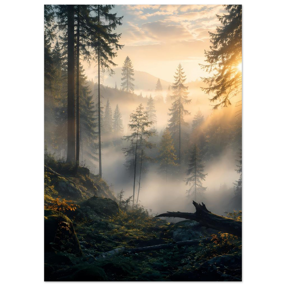 Wandposter Waldszene bei Sonnenaufgang, Kiefern, weicher Nebel und warmes Sonnenlicht, vertikal