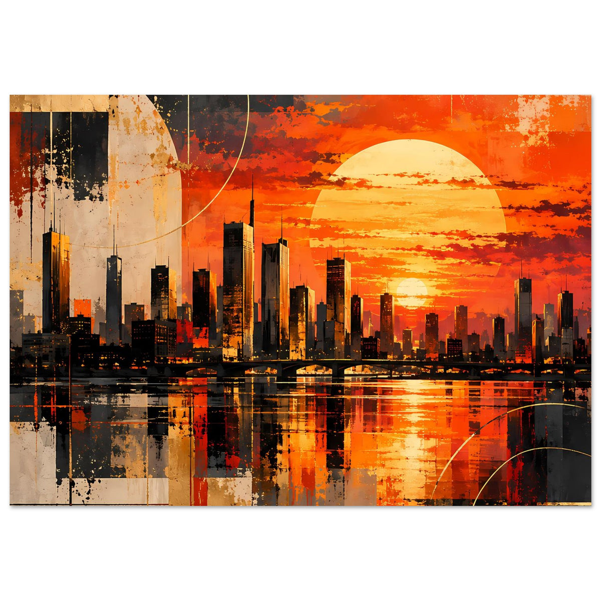 Poster mit abstrakter Stadtlandschaft, orangefarbenem Himmel, großer Sonne und Wasserreflexionen