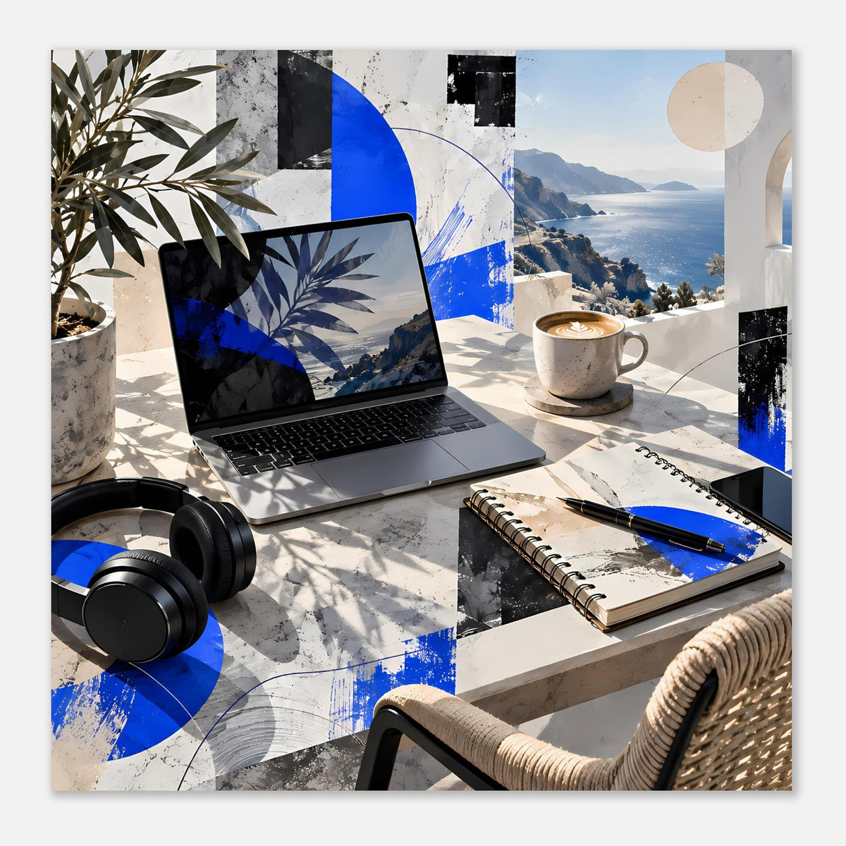 Hochformatiges Poster mit Laptop, Tasse und Notizblock, blaues Küstenbild und Kratzspuren