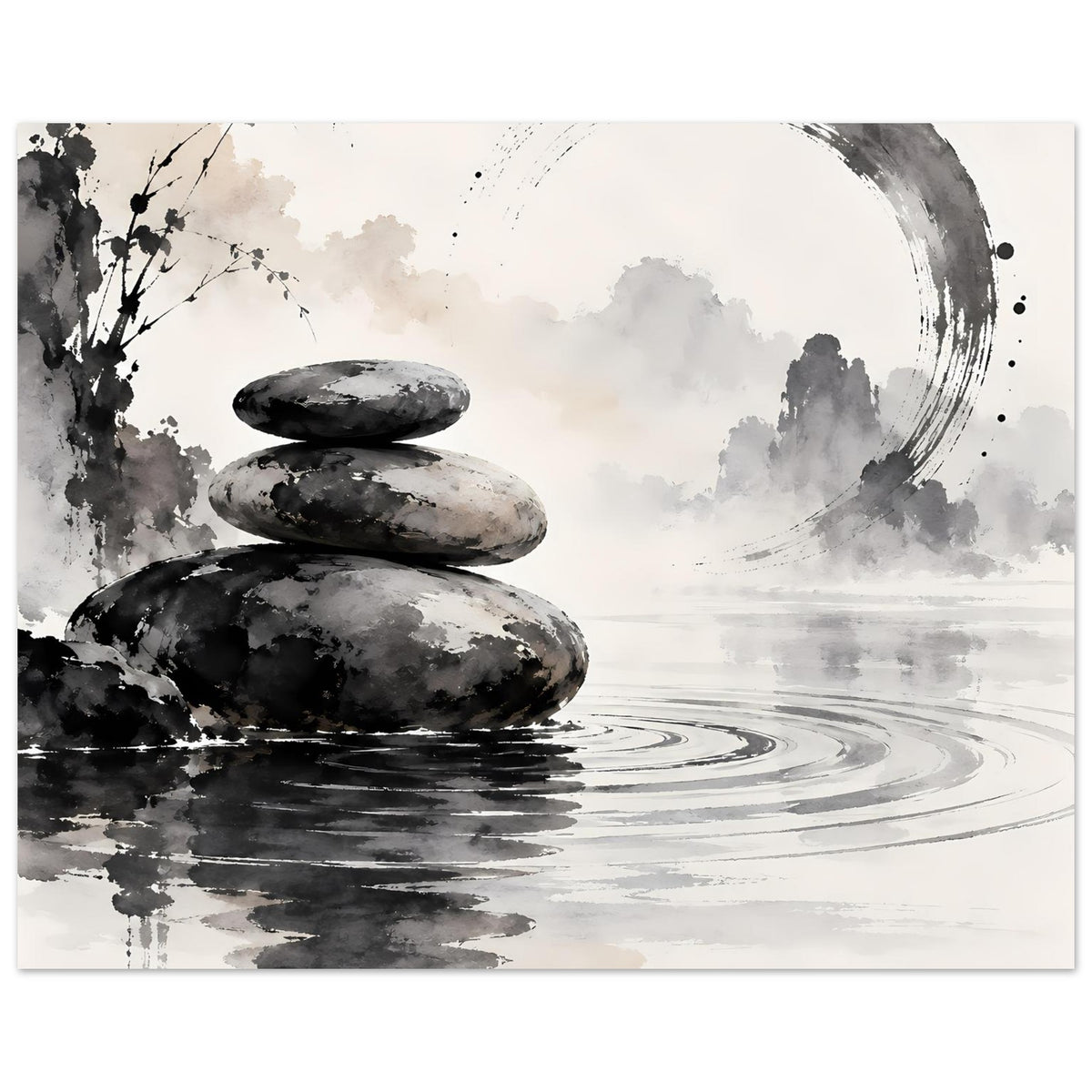 Poster mit Zen-Steinmotiv in Schwarzweiß: drei Steine, Wasserwellen und dunkler Pinselkreis