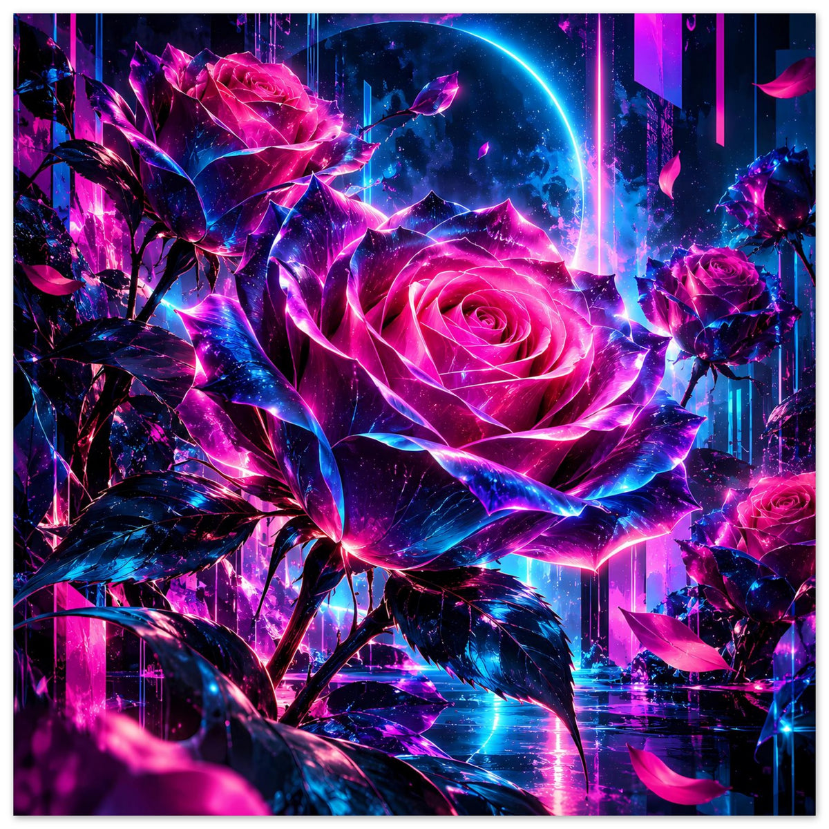 Kunstposter mit leuchtender Neonrose in Pink und Blau, umgeben von funkelnden Blättern