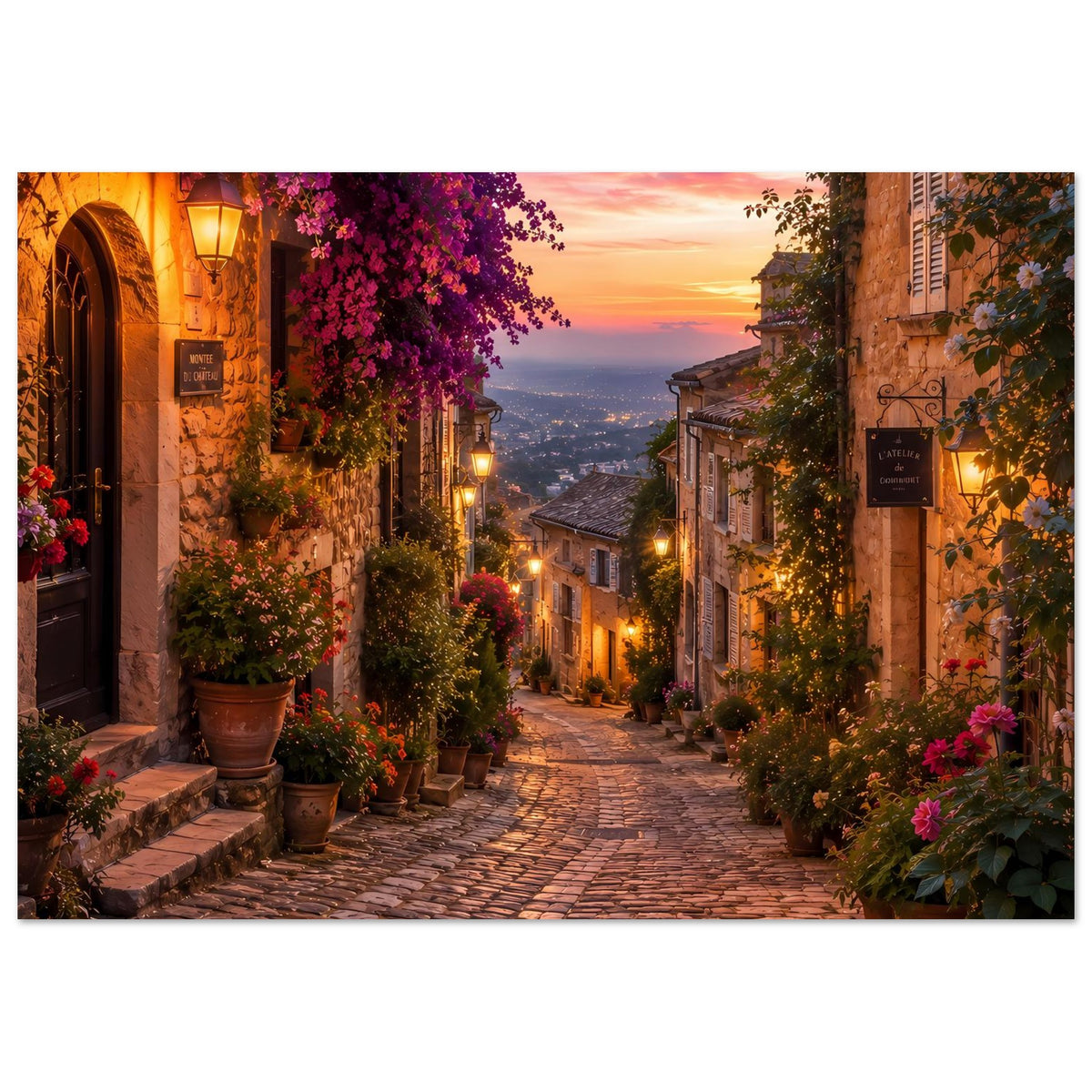 Großformatiges Poster einer Gasse mit Blumenranken, warmen Laternen und Abendhimmel